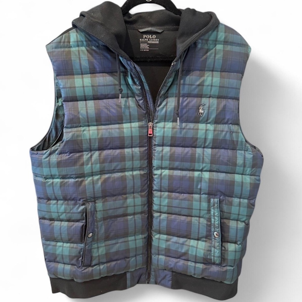 Polo by Ralph Lauren Blue Plaid Men's Hooded Puffer Vest